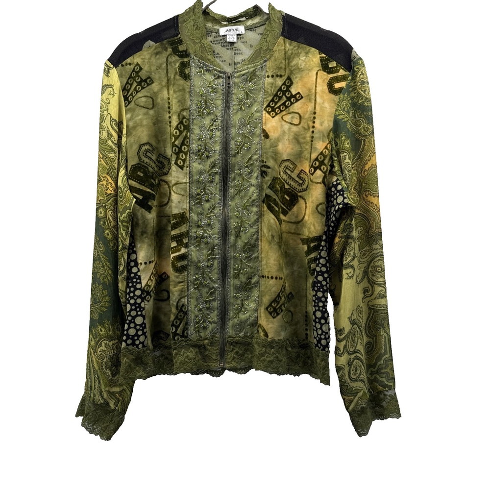Jaipur Women Top Large Green Gold Lace Floral Beaded Zip Long Sleeve Blouse